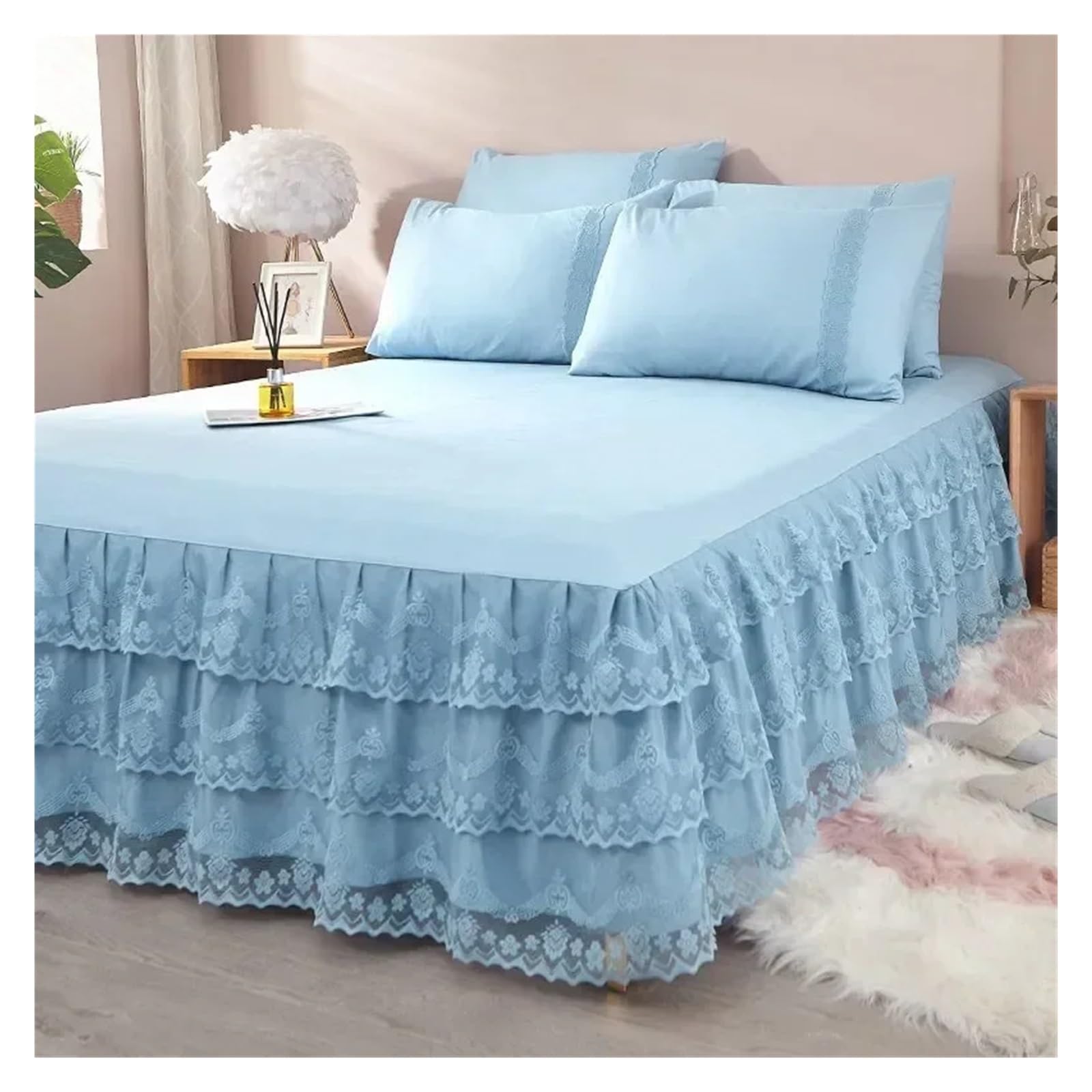 Jupe de lit Jupe de lit en Dentelle, Couvre-lit d'été en Satin Solide Rayonne, Linge de lit Simple, Double, Queen, King Size, Drap de lit(Dark Pink,1pc 200cmx220cm)