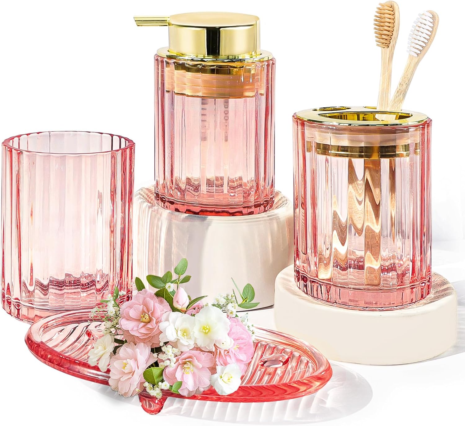 CERBIOR Bathroom Accessories Set, 4 Pcs Glass Accessories Sets Includes Soap Dispenser, Toothbrush Holder, Toothbrush Cup, Soap Dish for Decorative Countertop and Housewarming Gift,Golden Pink