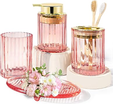 CERBIOR Bathroom Accessories Set, 4 PCS Glass Bathroom Set,Golden Pink