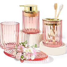 CERBIOR Bathroom Accessories Set, 4 PCS Glass Bathroom Set,Golden Pink | Includes Soap Dispenser, Toothbrush Holder, Toothbrush Cup, Soap Dish for Decorative Countertop and Housewarming Gift