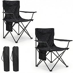 azorex Silla Plegable de Camping con Respaldo y Reposabrazos 48x49x80 cm, Portavasos y Bolsillo, Ultraligera Portátil para Playa, Pesca, Jardín y Excursiones – Incluye Bolsa (Negro, Pack de 2)