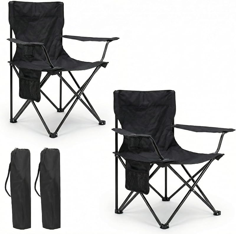 azorex Silla Plegable de Camping con Respaldo y Reposabrazos 48x49x80 cm, Portavasos y Bolsillo, Ultraligera Portátil para Playa, Pesca, Jardín y Excursiones – Incluye Bolsa (Negro, Pack de 2)