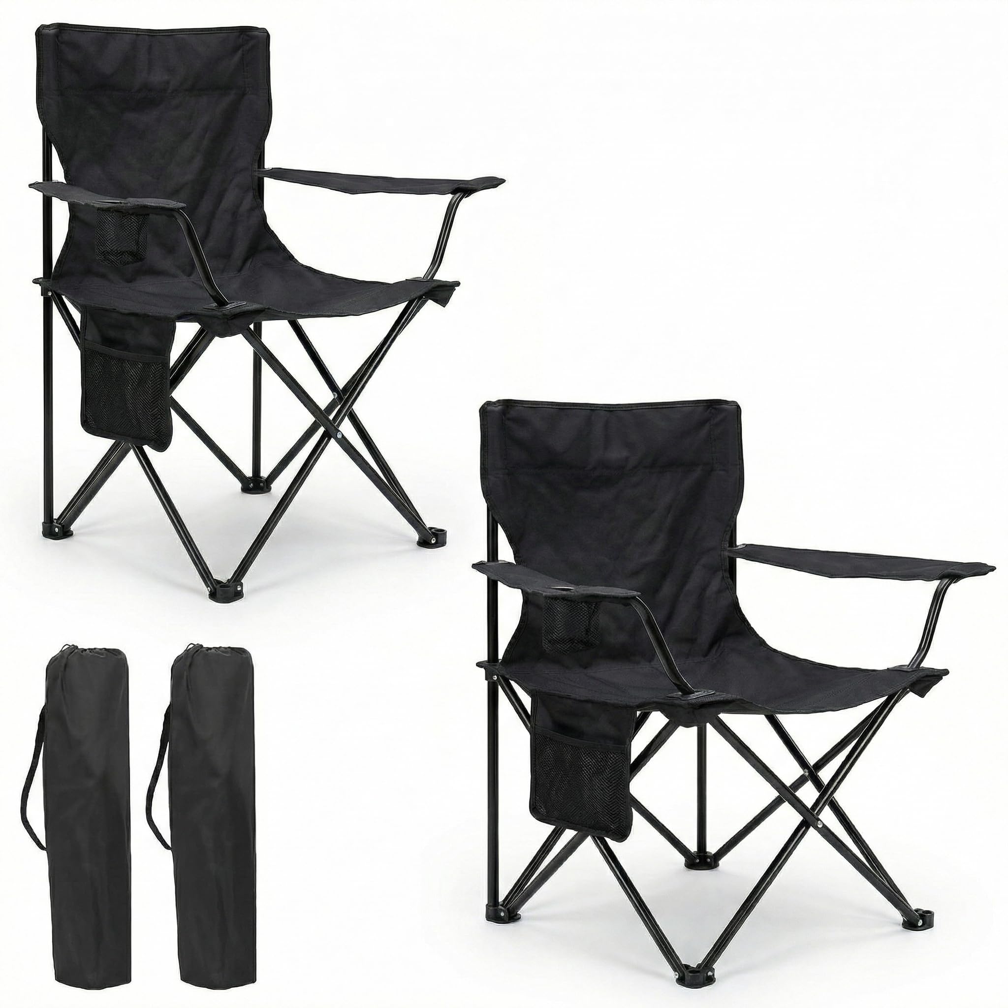 Silla Plegable de Camping con Respaldo y Reposabrazos 48x49x80 cm, Portavasos y Bolsillo, Ultraligera Portátil para Playa, Pesca, Jardín y Excursiones – Incluye Bolsa (Negro, Pack de 2)
