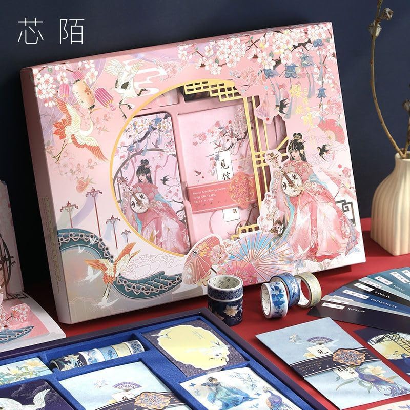 Image of VIBE VISTA Vintage Aesthetic Scrapbook Kit, 346 Pcs, A6 Grid Notebook, Washi, Envelopes, Scrapbook Papers, Folding Labels, Background Papers, Photo Frames, Calendar Stickers, Stickers (Pink Sakura)
