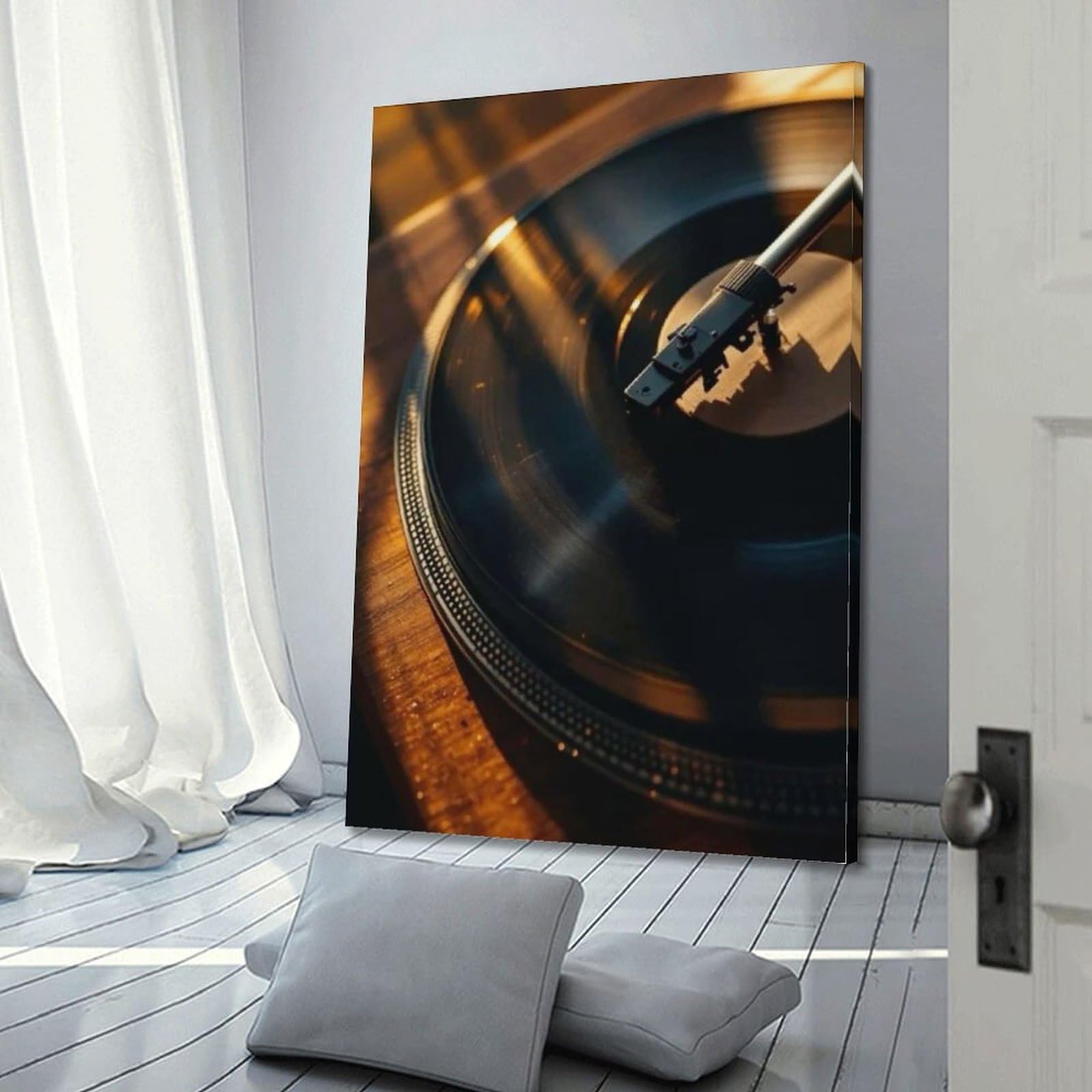 Gramofon z płytą winylową w ciepłym świetle sztuka ścienna, retro muzyka dekoracja do domu i salonu plakat dekoracyjny obraz płótno plakaty ścienne i obraz artystyczny druk nowoczesny rodzinny