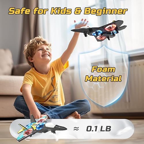 Miniatura 5 de Avión RC de espuma para niños, avión de combate con control remoto con luz LED, vuelo automático, voltereta 360°, 2 baterías (16 minutos de vuelo)