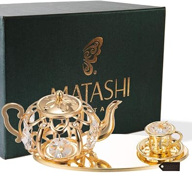 Matashi 24K Gold Plated Crystal Studded Tea Set Ornaments Tabletop Showpiece Home Decor Gift for Mothers Day, Valentines Day, Christmas, Thanksgiving, Birthday, Anniversary