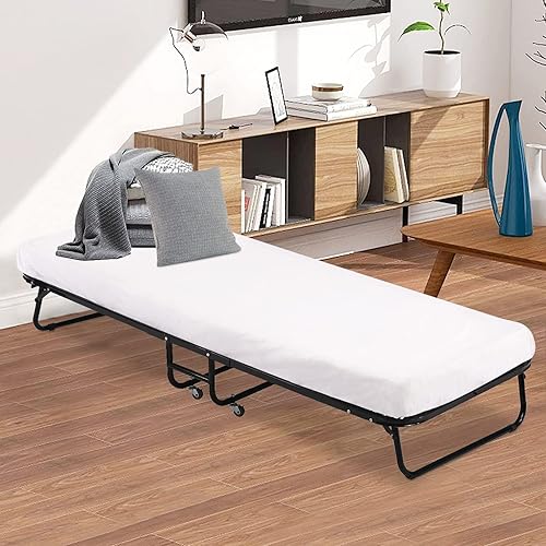 Miniatura 2 de Base de cama plegable individual con ruedas giratorias, cama plegable portátil para adultos, marco de cama de metal con colchón de espuma