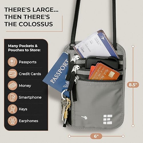 Vista 22 de Cartera para el cuello para viajes y pasaporte con bloqueo RFID, delgada y fácil de ocultar, bolsa de viaje de nailon para hombres y mujeres