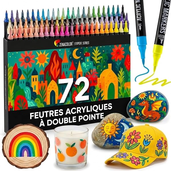 Zenacolor - Feutre Acrylique 72 Couleurs - Double Pointe - Pinceau & Fine - Feutres pour Coloriage Adulte - Feutres Acrylique Idéal pour Multi-Surfaces - 1