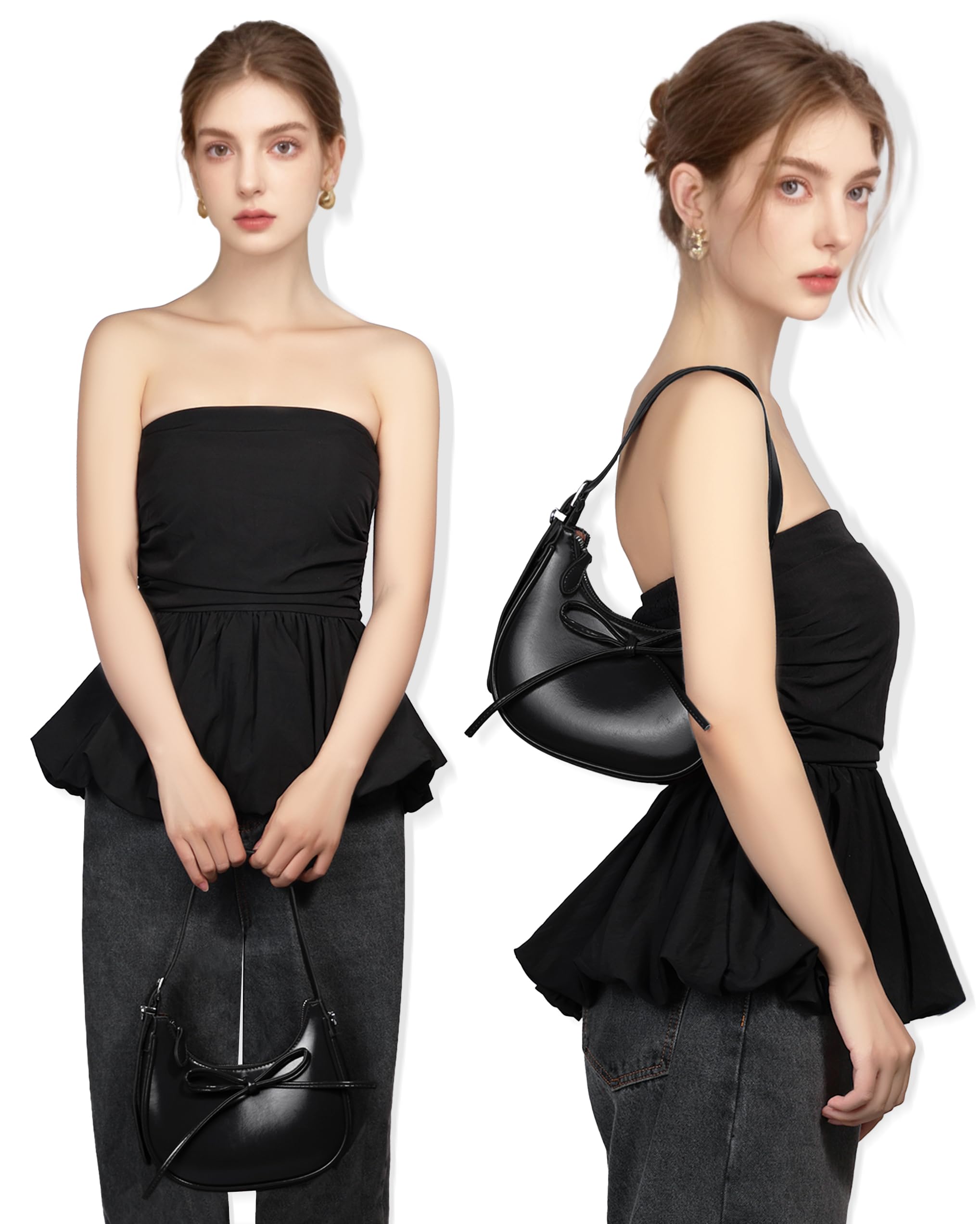 Popizard Shoulder Bag for Women - Black Bow Clutch Purse PU Leather, Removable Chain Crossbody Handbag with Zipper Closure