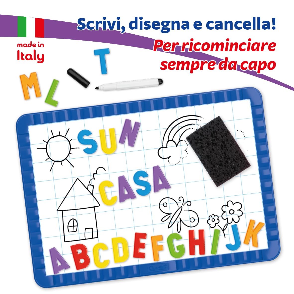 Quercetti Magnetino Letters Basic, Lavagna Magnetica per Bambini con 48 Lettere Magnetiche per Bambini, Gioco Educativo 4 Anni per Imparare l’Alfabeto, Made in Italy