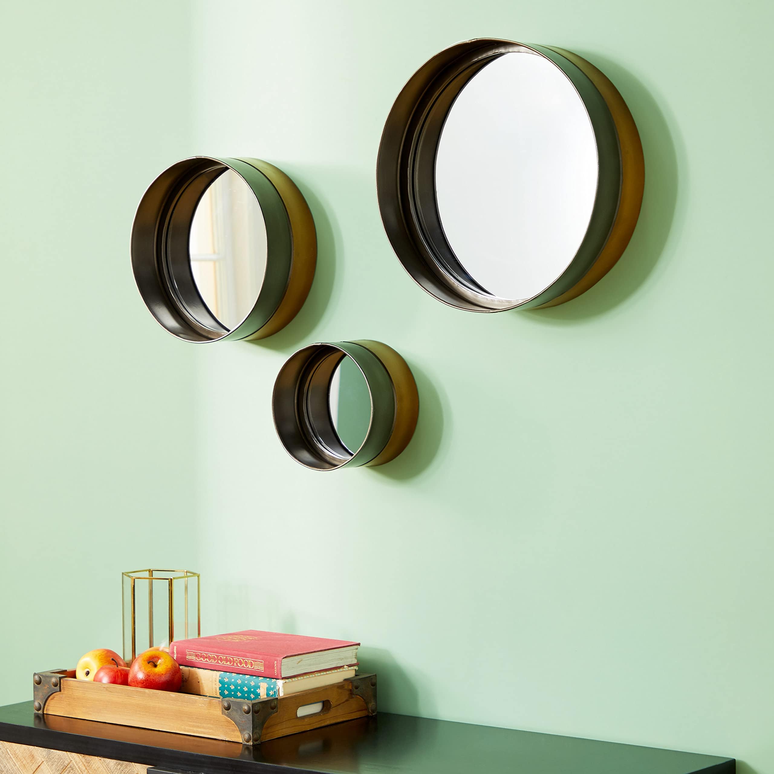 Deco 79 Metal Room Wall Mirror Entryway Mirrors, Set of 3 Wall Mounted Mirrors 16", 12", 8"W, Dark Brown