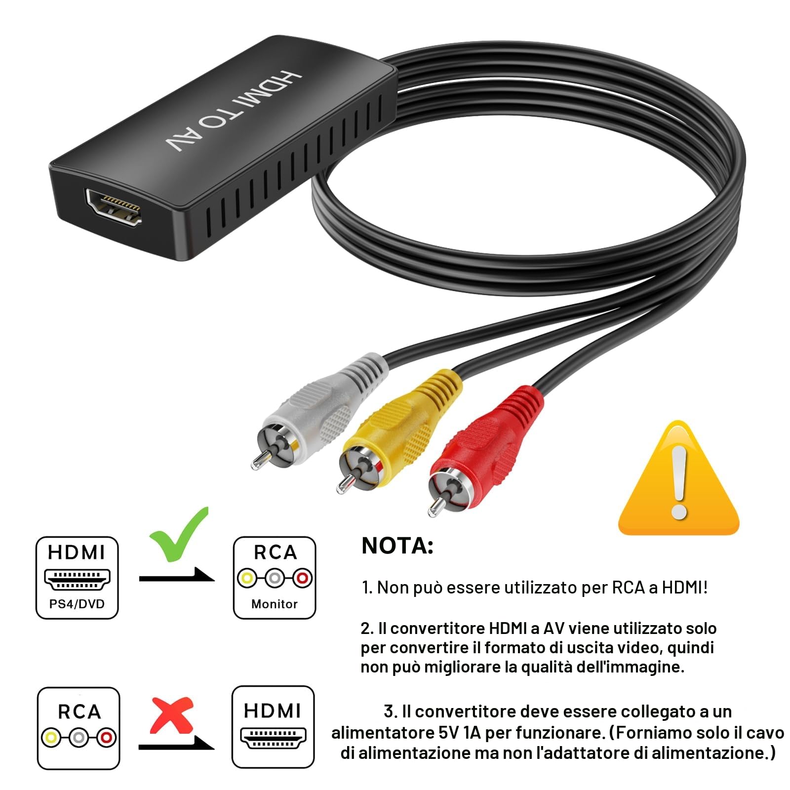 Convertitore HDMI a RCA Adattatore HDMI a AV 1080P Supporta PAL/NTSC per TV PC Xbox