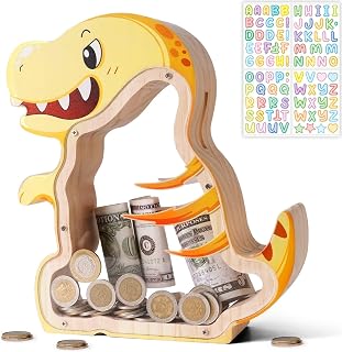 Wooden Dinosaur Piggy Bank for Kids, T-Rex Money Coin Bank, Unbreakable Dino Piggy Bank, DIY Personalized Kids Saving Coin Jar with Stickers, Toddler Birthday for Boys, Girls