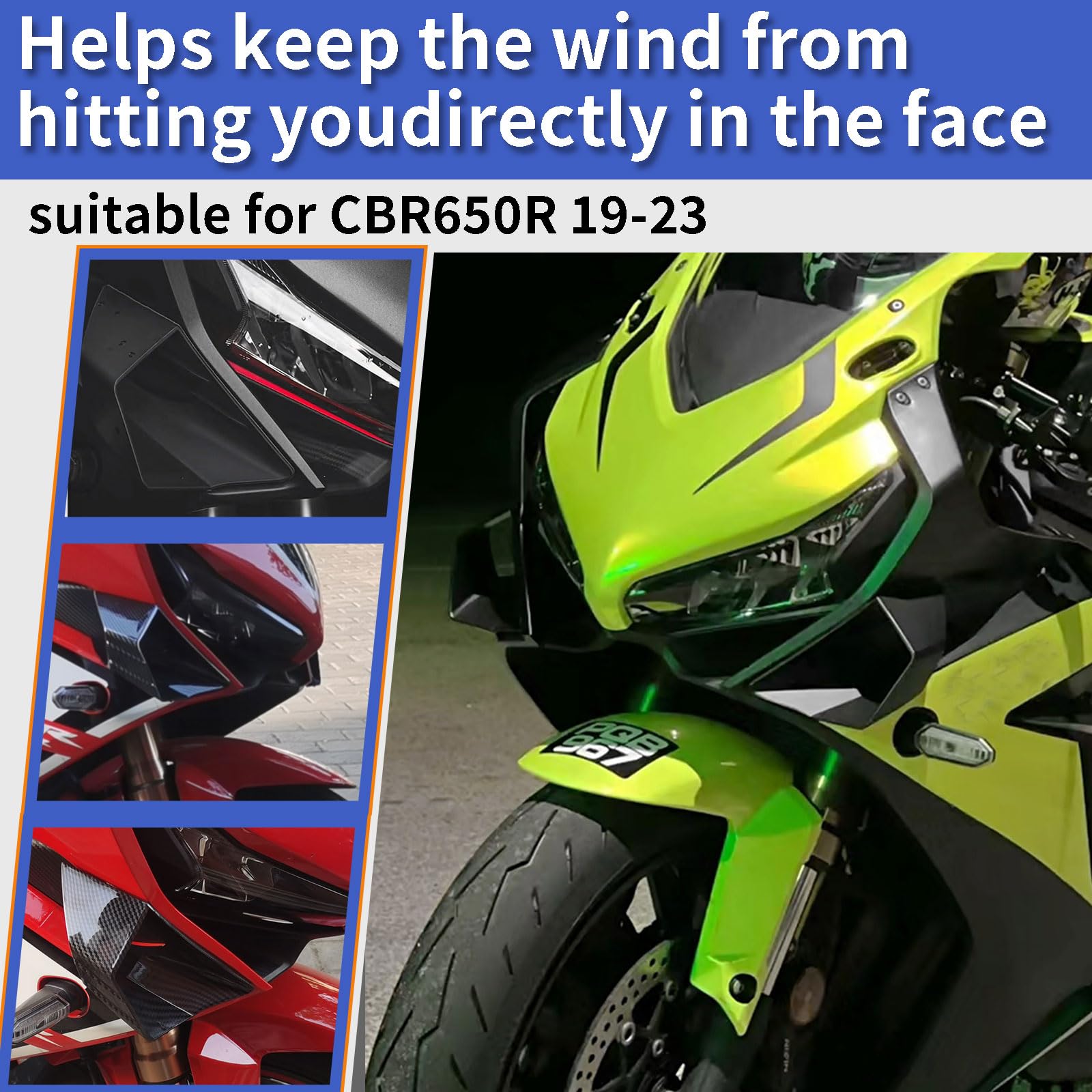 WOOGA Spoilers nus de force de descente latérale de moto aile de carénage Aile de déflecteur d'air pour Ho&n&da CBR650R 2019 2020 2021 2022 2023 Su&zu&ki GSX250R (Noir mat)