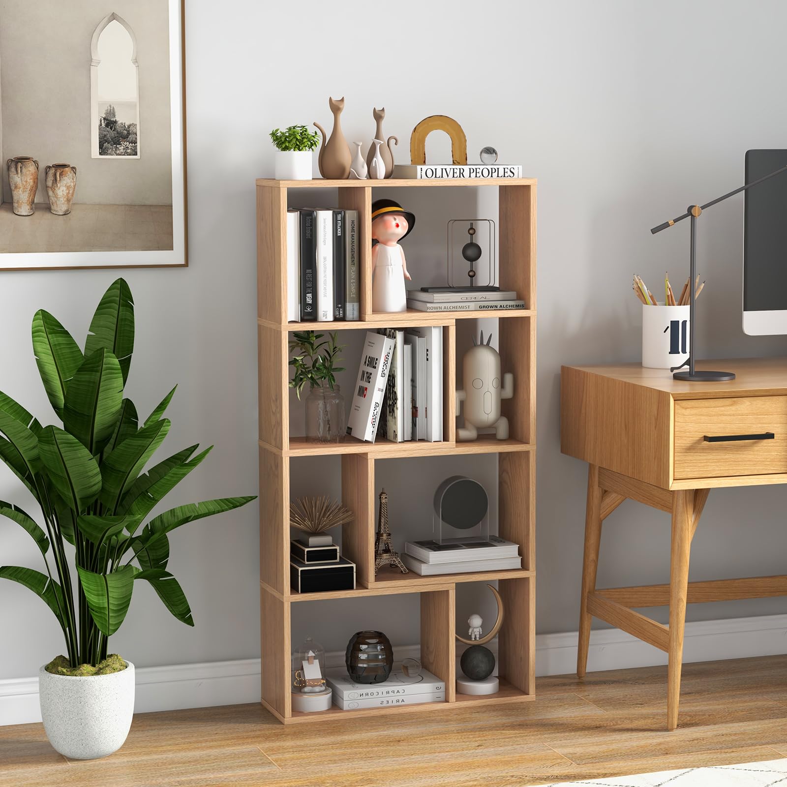 HOMASIS Librería de Pared con 4 estantes, Estantería con Patas Antideslizantes y Dispositivo antivuelco, Estantería Cubo de Madera, Librería Separador para salón, Dormitorio, 60x20x120cm (Natural)