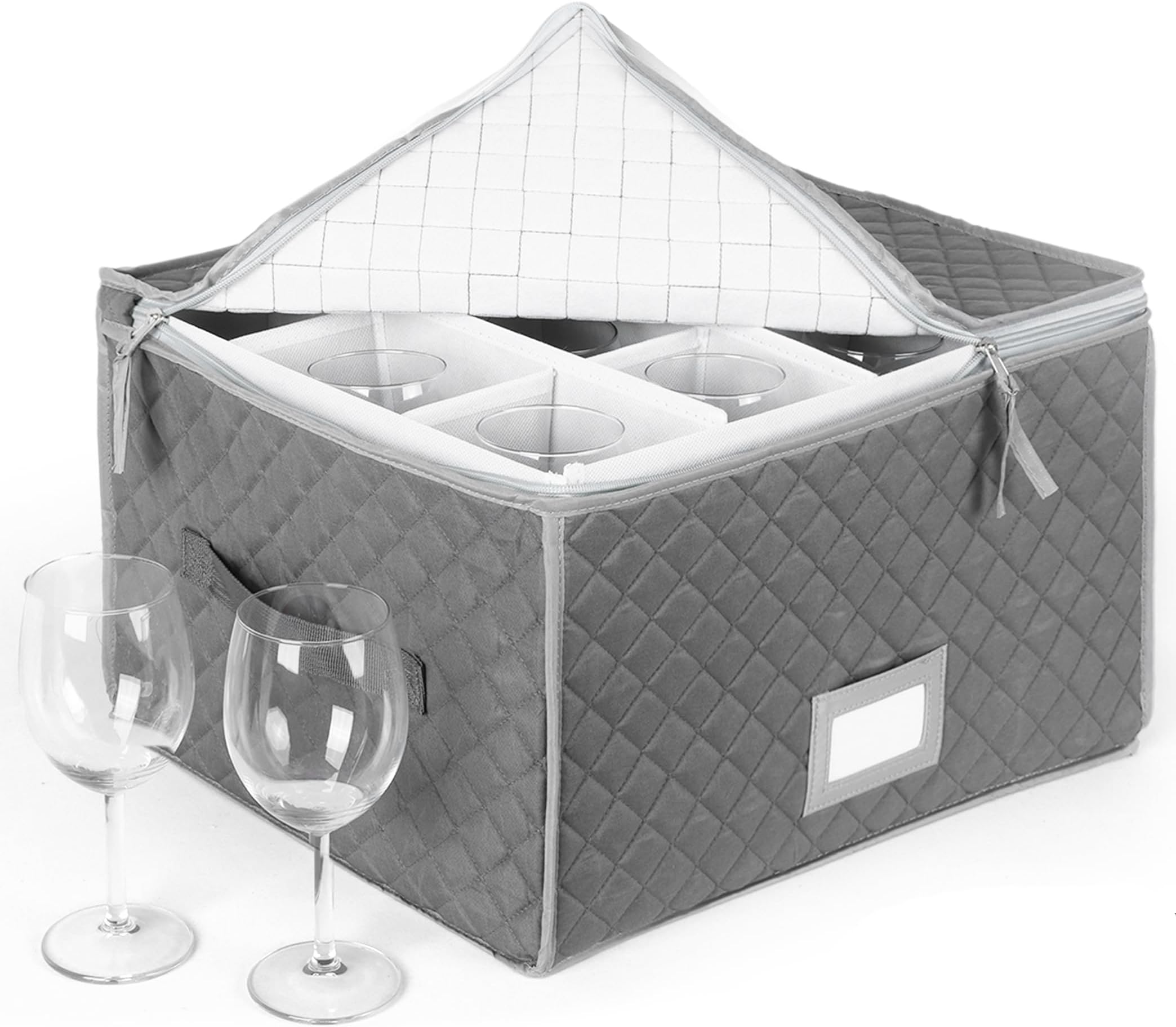 Stemware Storage Case - Quilted Fabric Container, Gray, Measures 16" x 13" x 10" Tall - Interior Compartment 4" x 4" - Perfect Storage Case for White and Red Wine Beer Mugs