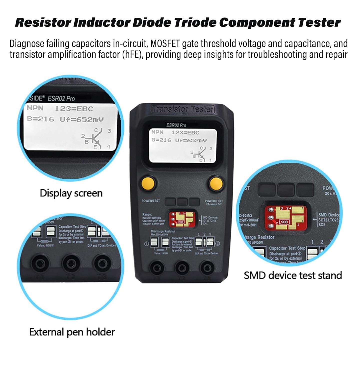 ESR02 Pro Digital Transistor Tester, Multi-Function ESR Meter & Capacitor Tester for Resistor Inductor Diode Triode Component Tester, Automatic SMD Detection, Backlit LCD Display