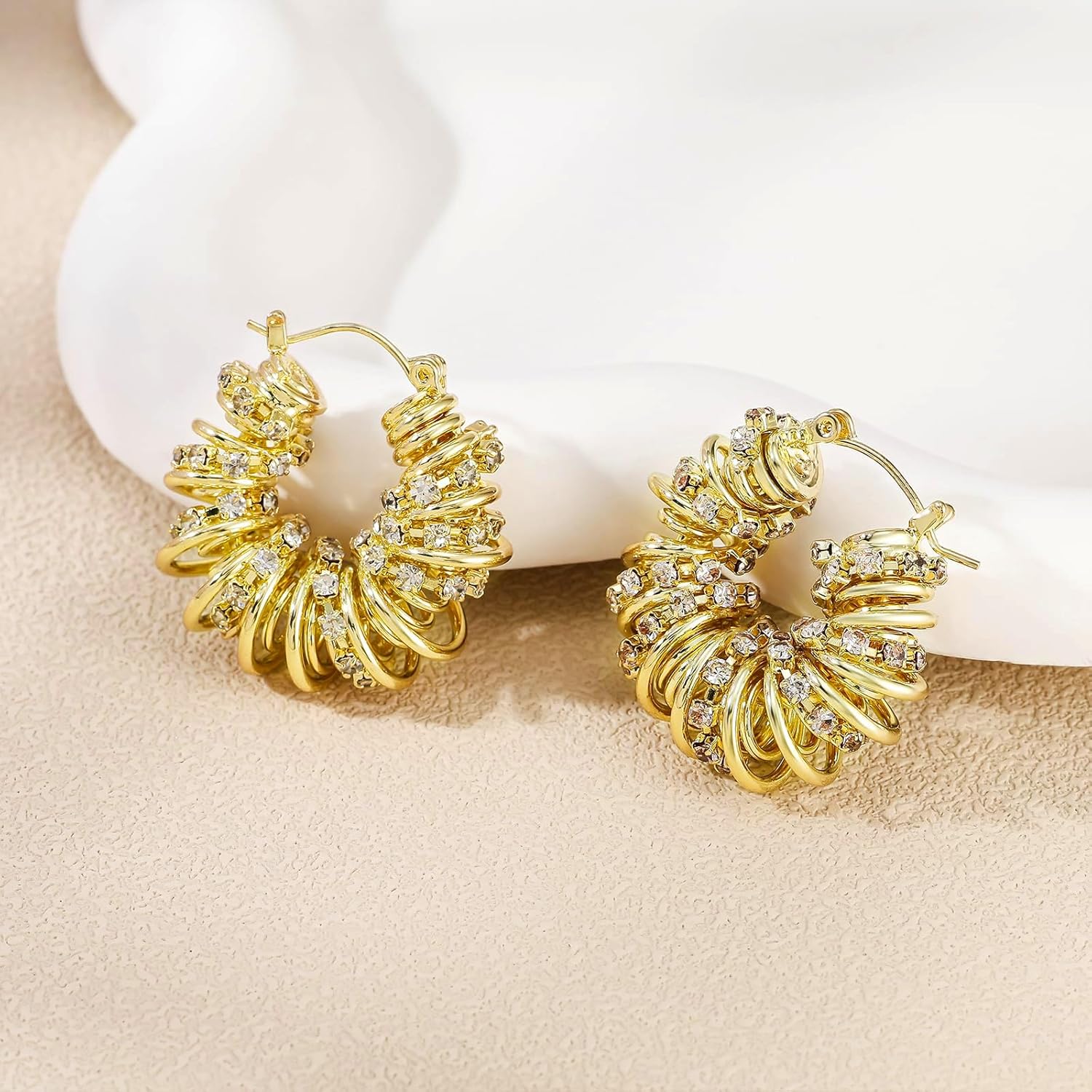 Chunky Gold Hoop Earrings Statement Earrings for Women Sparkly Rhinestone CZ Thick Hoop Earrings - Image 7