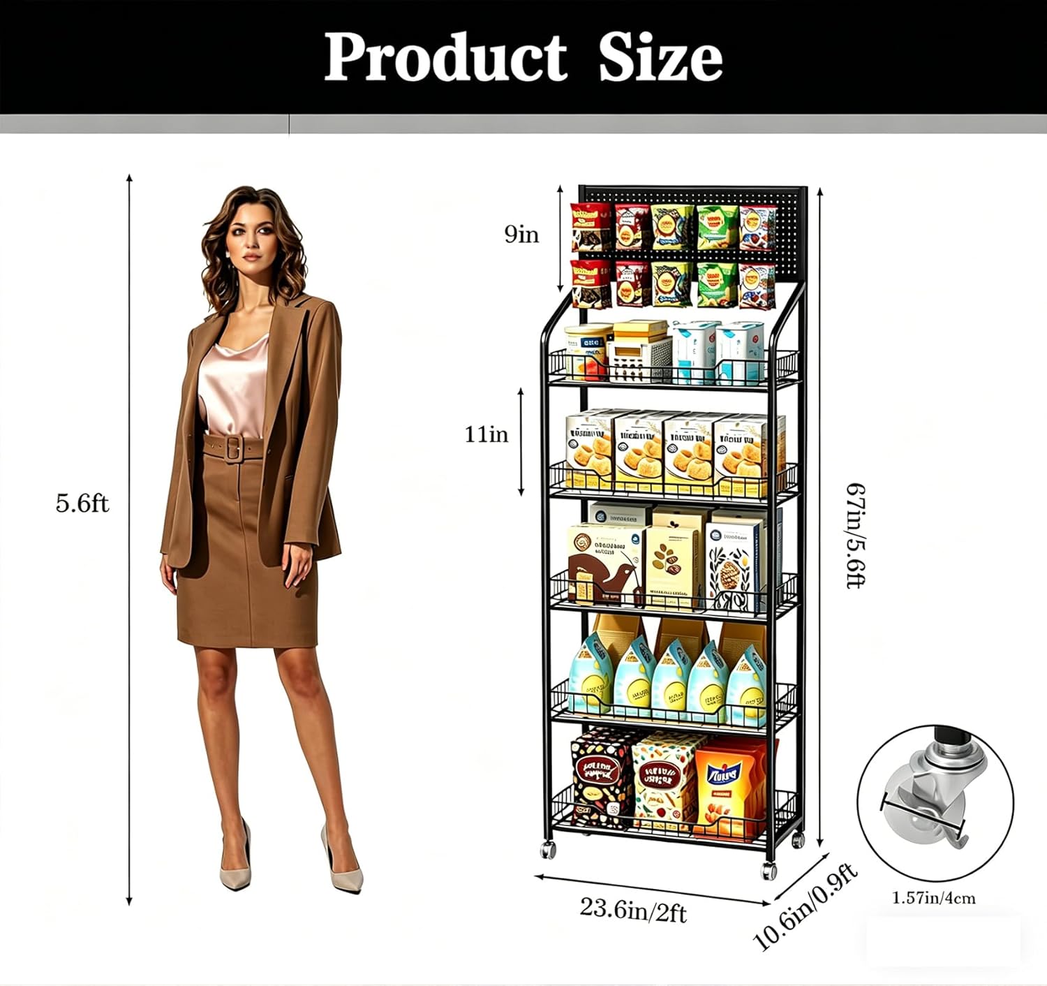 lesolar 67" Retail Snack Display Stand, 5 Tier Snack Candy Potato Chip Display Rack Stand with Wheels & Hooks, Metal Wire Storage Shelves Heavy Duty, Snack Organizer Concession Stand Display Supplies