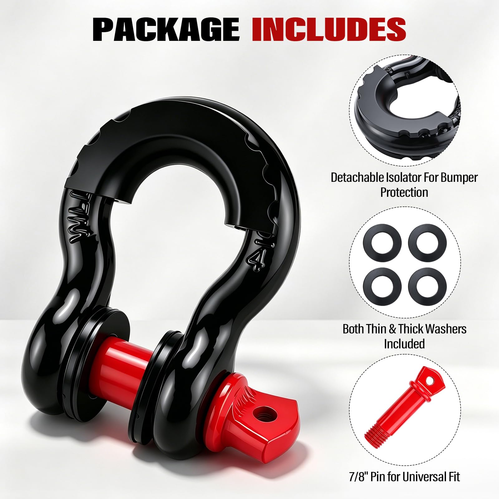 BOOMSTART Grillo da traino da 4,75 t, 19 mm, grande grillo in acciaio zincato, 4 pezzi con bullone a vite, gomma protettiva, anello a D offroad, per traino e sollevamento auto (nero e rosso)