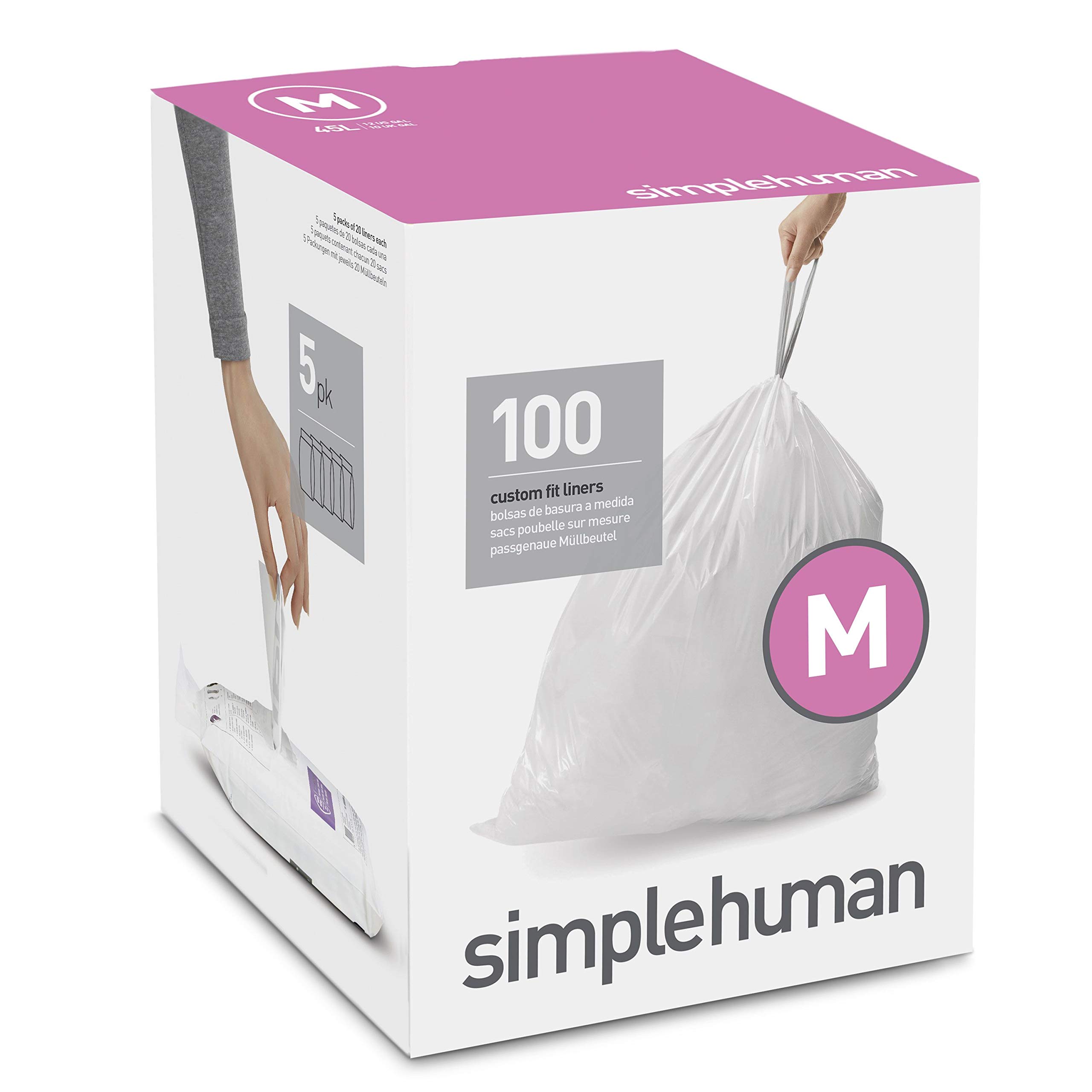 simplehuman Code M, Custom Fit Bin Liners, 100 Liners, White, 45 L