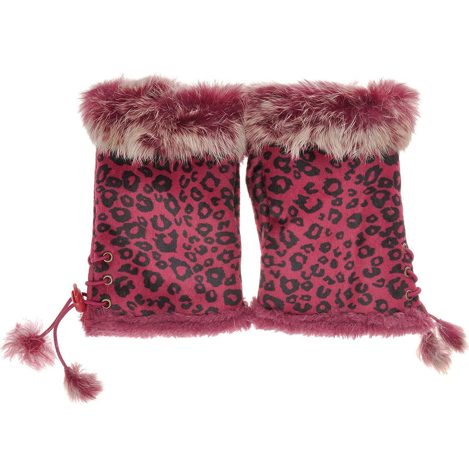 Stek Women's Leopard Red Winter Faux Fur Half Finger Gloves Girls Warm Fingerless Mittens (Leopard Red)