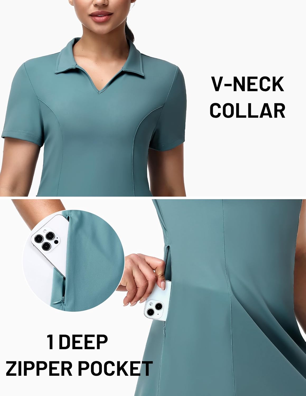 MIER Golf Dress for Women -Short Sleeve V Neck Stretch Athletic Golfing Dresses Active Sports Outfits for Summer, Zip Pocket