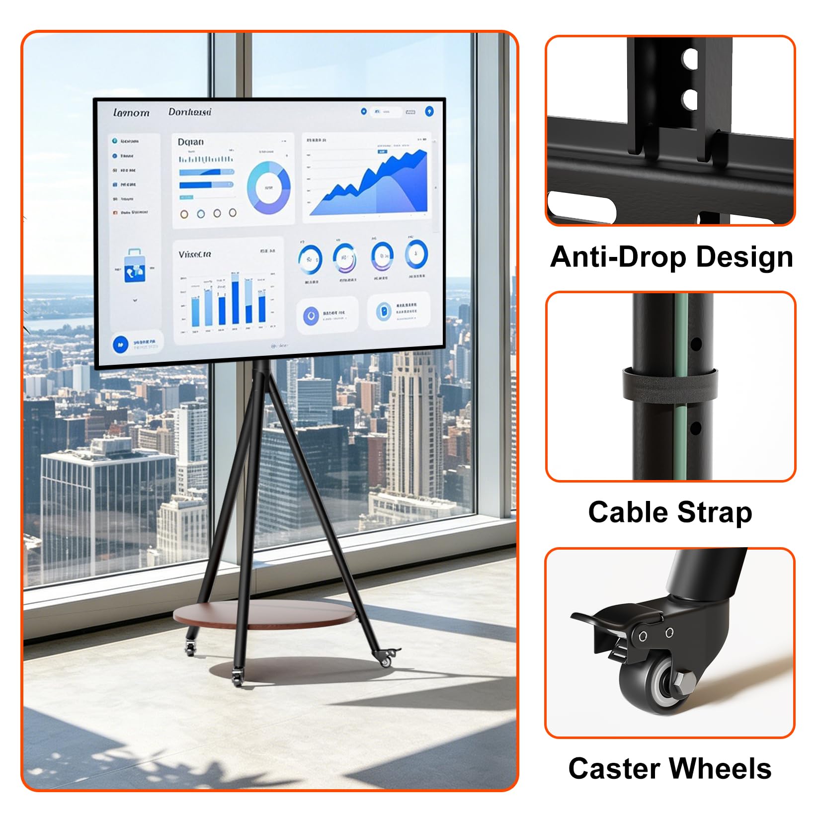 UNHO Supporto TV da Pavimento con Ruote 40-75 Pollici Peso Max 50kg Nero | Porta TV con Ruote Cavalletto Treppiede, Max VESA 600x400mm, Legno Ripiano, Regolabile in Altezza, Design moderno