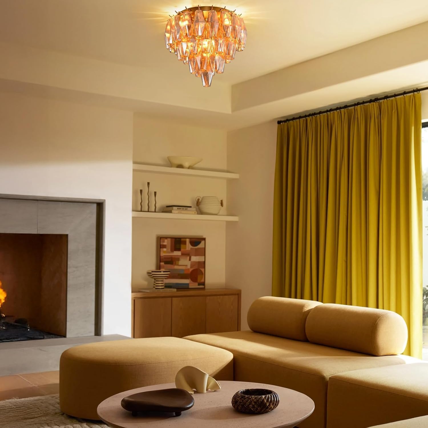 Modern Brass Semi Flush Mount Ceiling Light, 17'' 4-Light Gold Ceiling Fixture with Smoke Glass Tubes, Dimmable LED Included, for Dining Room, Living Room, Bedroom, Bathroom & Foyer