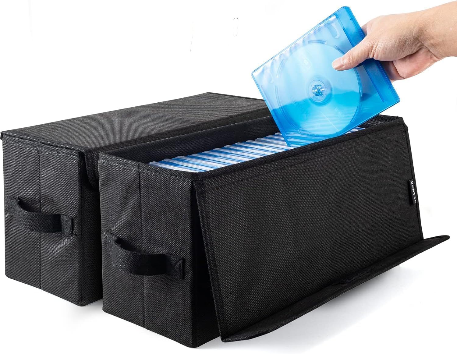 Photo 1 of UENTIP DVD Storage Boxes - Pack of 2 DVD Case Storage -40 DVDs in full jewel cases, 80 DVDs in slim cases, and 200 discs in CD sleeves- 17.25" x 6.25" x 8" Black