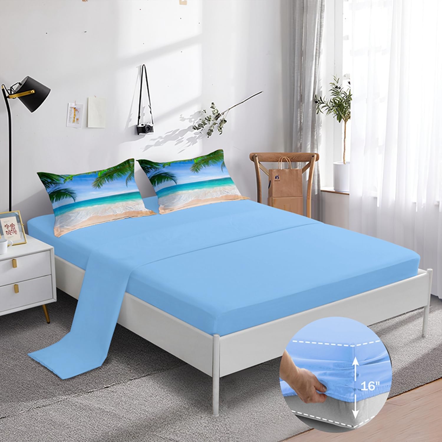 BDUCOK Ocean Comforter Full Size 6 Pieces Beach Bed in a Bag Set Tropical Palm Tree Hawaii Ocean Blue Comforter Set Sunny Beach Coastal Nature Theme All Season Comforter Set 3003-Full 6Pcs - Image 4