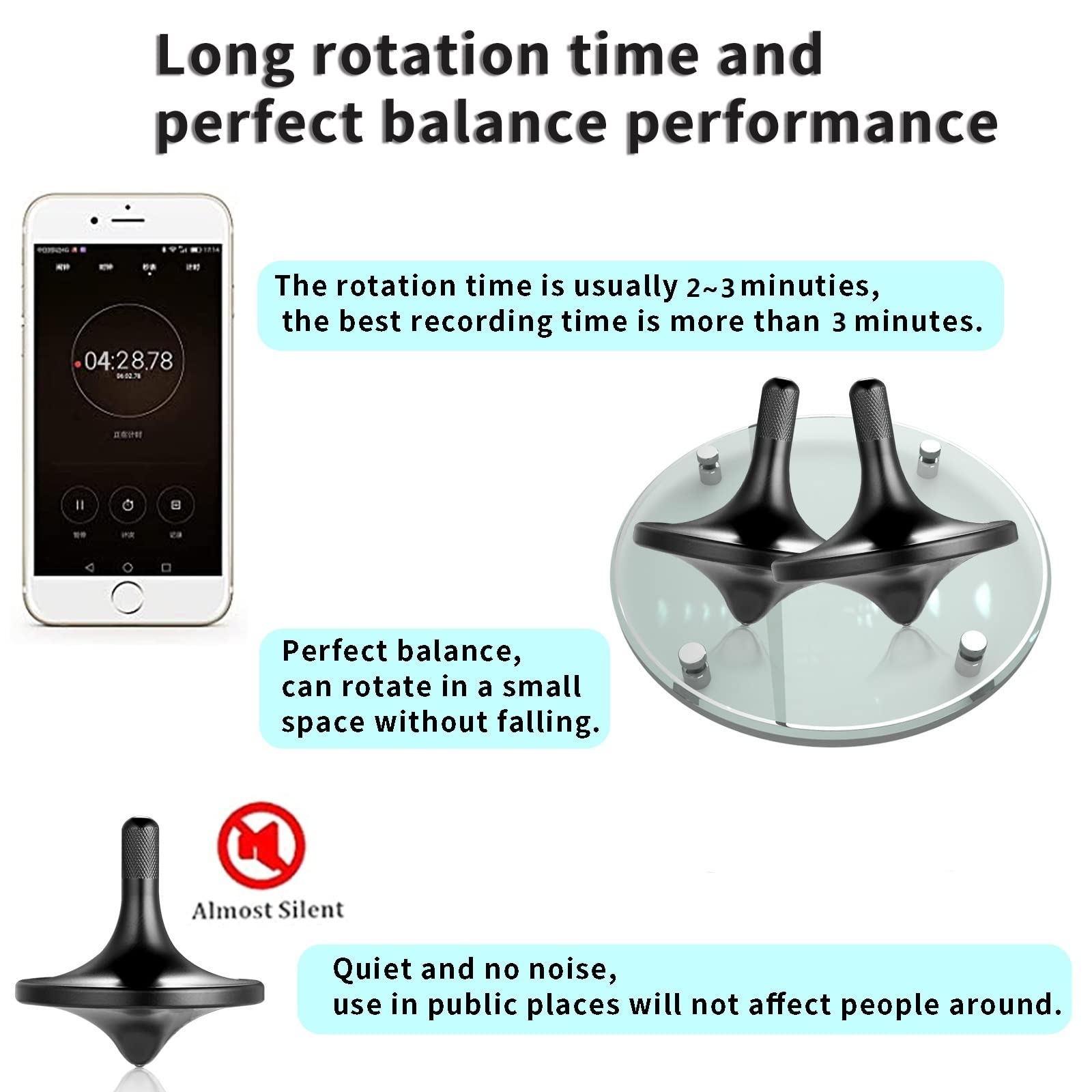Stainless Steel Spinning Top, Well Made Metal Decompression Toy, Perfectly Balanced, Spin Smooth, Helps Relieve Stress and Anxiety, Effective Time-killing (3PCS Black+Silver+Iridescent/S) - Image 3