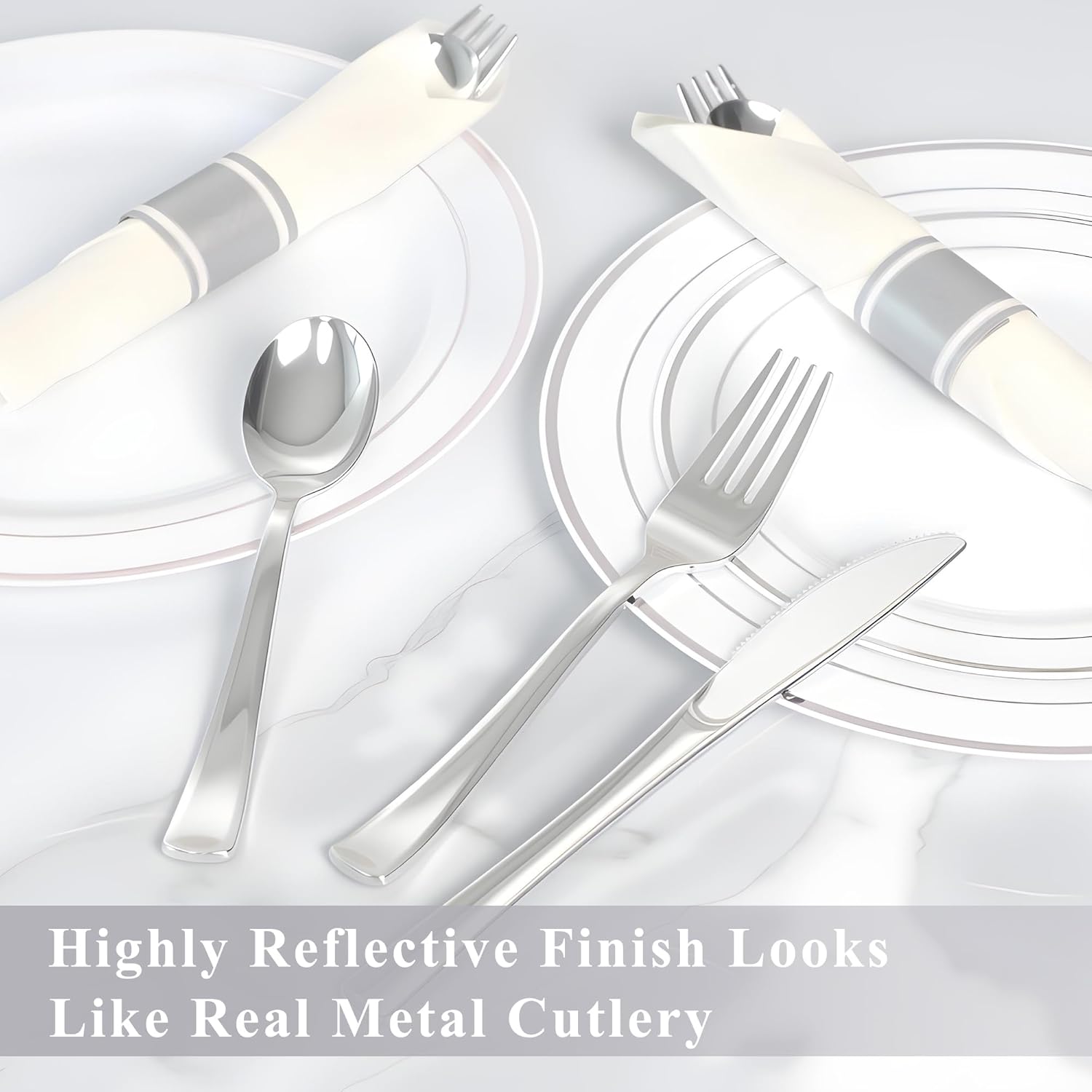 100 Pack Pre Rolled Silver Plastic Silverware Set,Wrapped Plastic Cutlery Set with Napkin Include 100 Forks,100 Spoons,100 Knives and 100 White Napkins for Party, Wedding,showers,Christmas