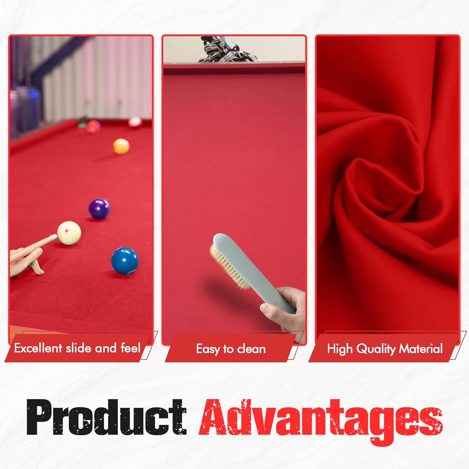 Red 9FT Pool Table Felt for Billiard Cloth with 6 Pcs Cloth Strips and Staple Remover
