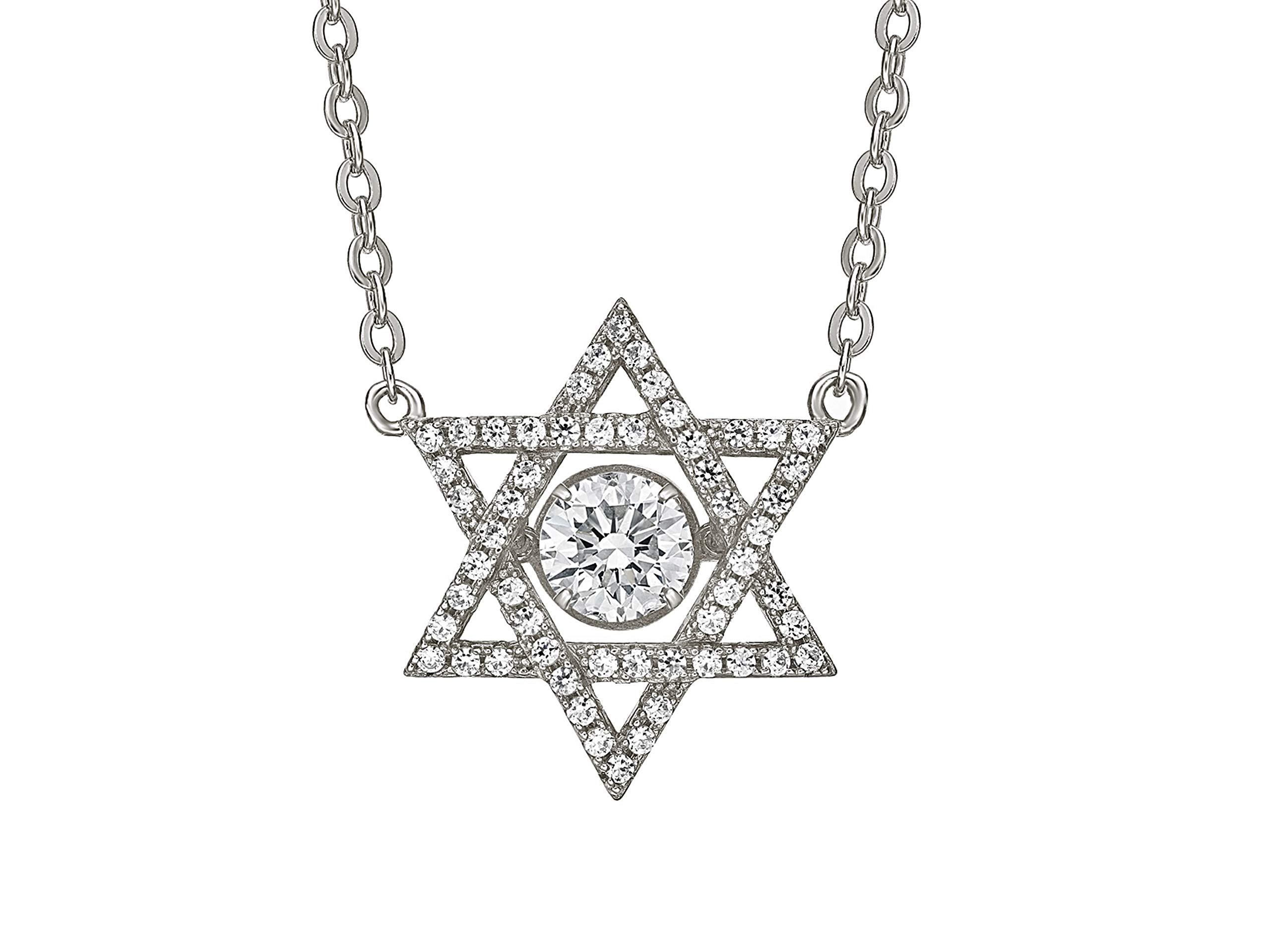Central Diamond Center Star of David Dancing Gemstone Necklace for Women, 925 Sterling Silver w/Pure Brilliance CZ, Chain Attached