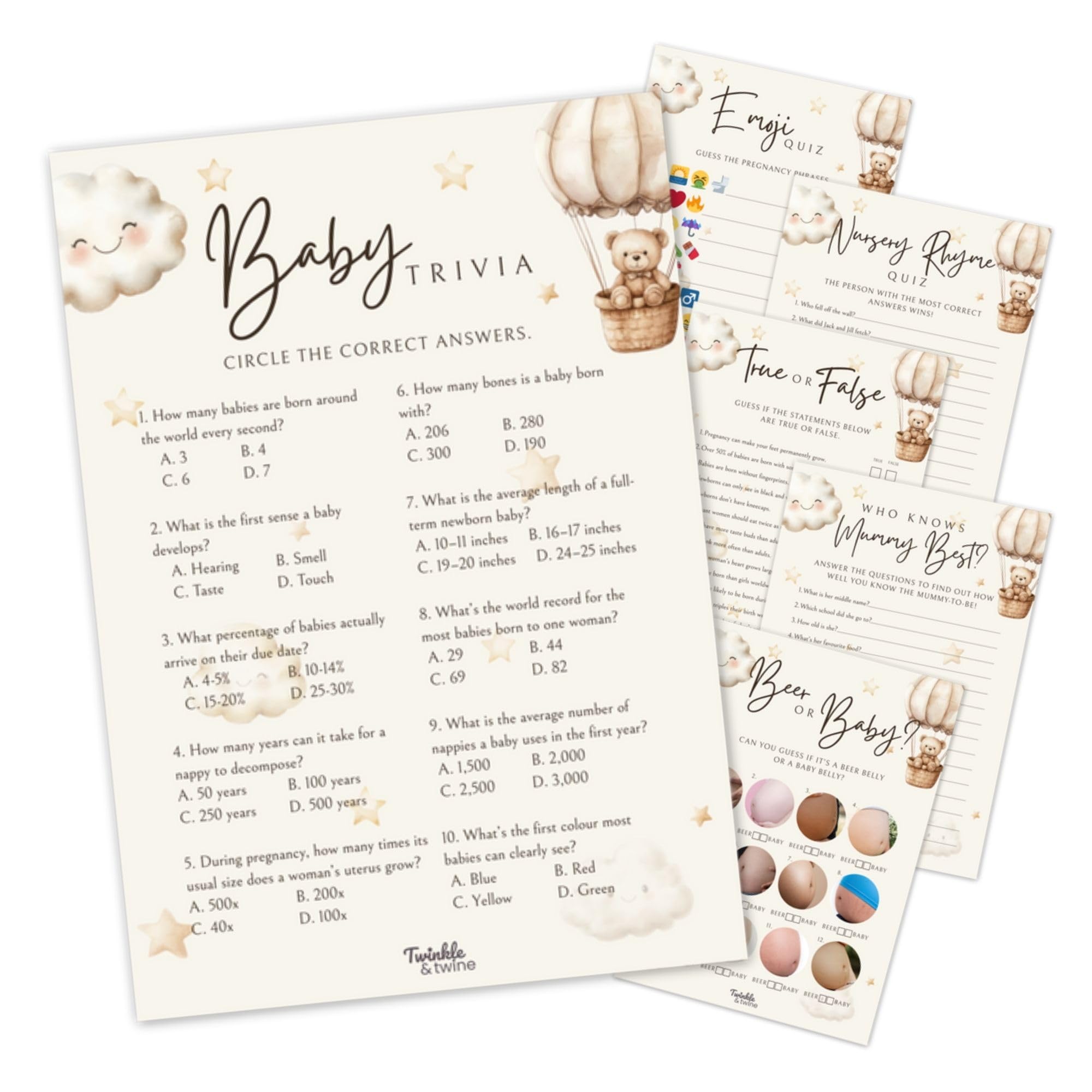 Twinkle & Twine Neutral Teddy Bear Baby Shower Games - 6 Games for 20 Guests - Gender Neutral Hot Air Balloon Theme (Boy or Girl) - We Can Bearly Wait Fun Baby Shower Activities - A5 Size