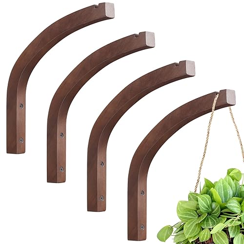 Juexica 4 Pcs Plant Wall Hanger Wooden Hanging Plant Hooks Wall Mounted Plant Hanging Hook Indoor Outdoor Hanging Brackets(Coffee Color) - Coffee Color
