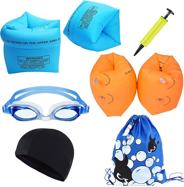 Arm Bands Swimming Floats for Children Water Wings 8PCS Kids Armbands Pool Float Set Includes PVC Inflatable Toddler Arm Floaties Swimming Goggles Swimming Cap Air Pump and Drawstring Backpack