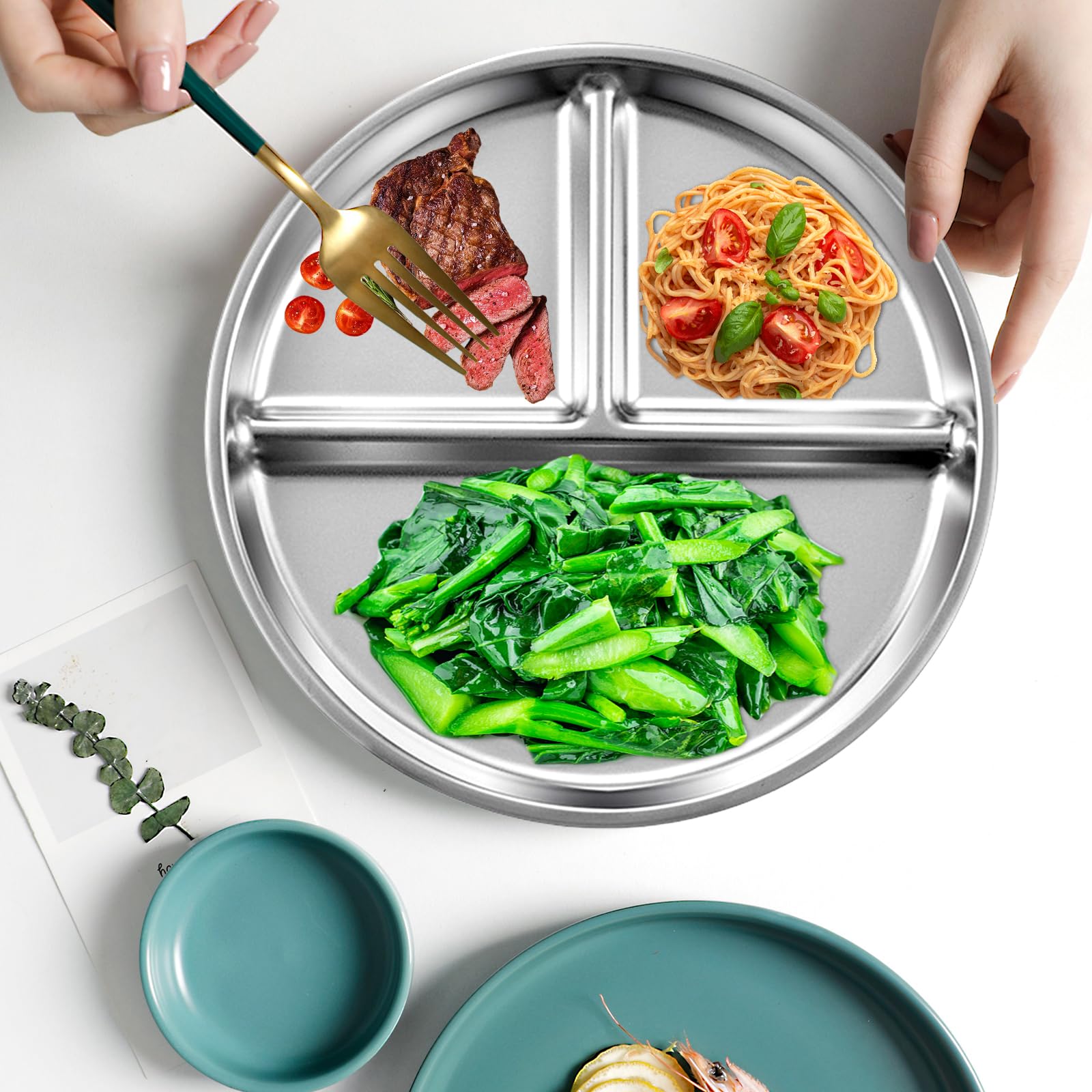 PORFOYO Edelstahl Teller Mit 3 Fächern - Perfekt Für Portionierte Mahlzeiten & Gesunde Ernährung