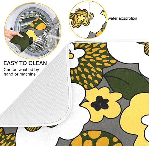 Miniatura 2 de Tapete de secado gris floral con flores amarillas, tapete para encimera de cocina, tapete mate para cocina, 16 x 18 pulgadas