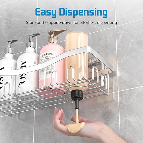 Miniatura 4 de Organizador adhesivo para ducha, organizador de baño sin perforaciones, 5 unidades, estantes inoxidables con soporte para jabón y soporte para