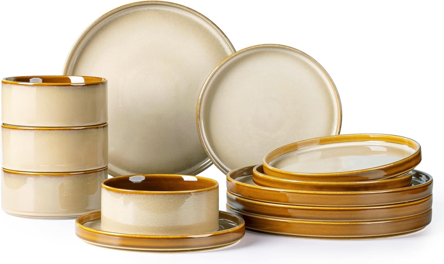 LeRatio Ceramic Dinnerware Sets for 4,Round Reactive Glaze Ceramic Plates and Bowls Set,Highly Chip and Crack Resistant | Dishwasher & Microwave Safe Dishes Set,Service for 4 (12pc)-Kahki Service for 4 Reactive-Kahki