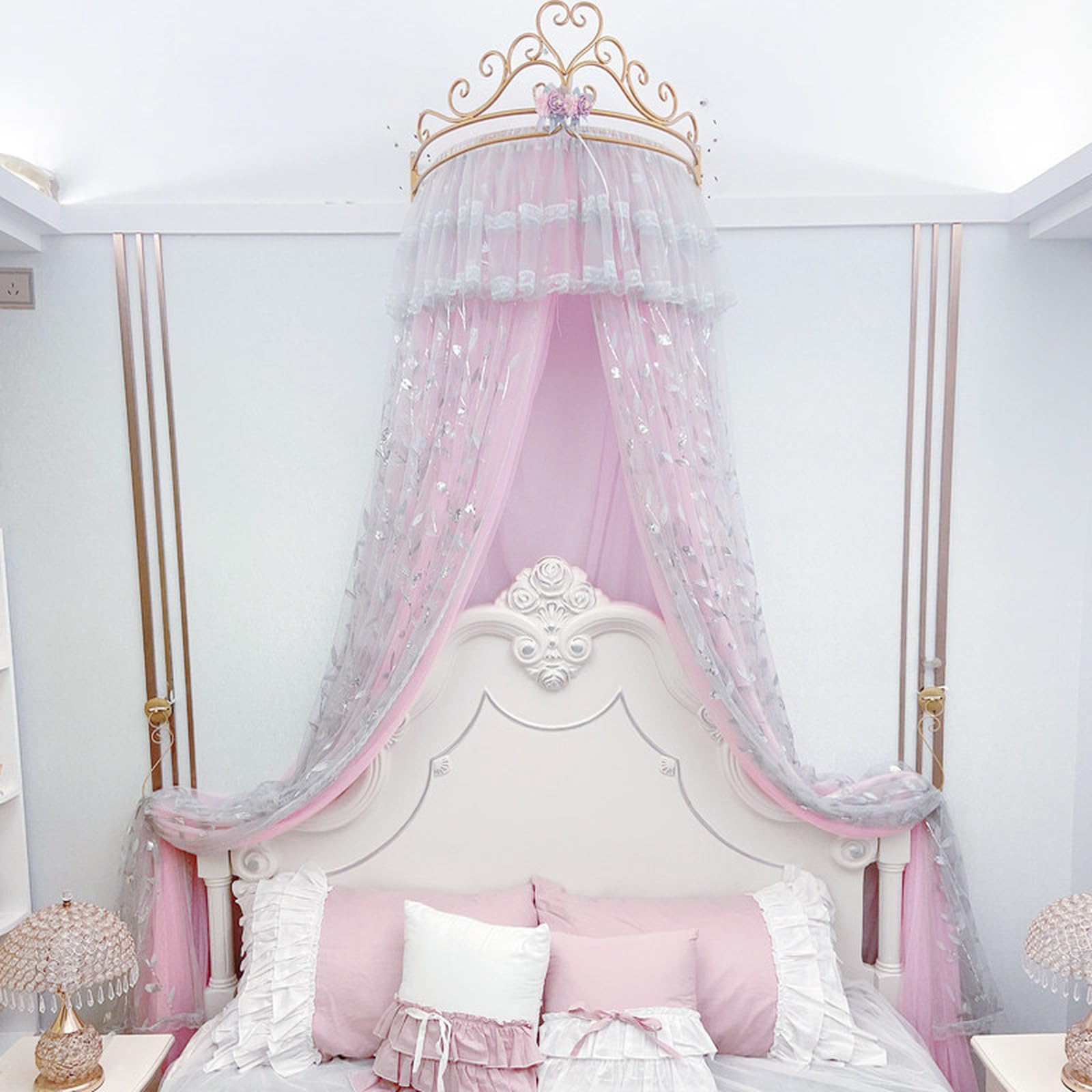 SDCGB Princess Bed Canopy for Girls & Adults, Royal Luxurious Cozy Bed Curtain with Crown, Double Layer Decorative Drapery, Cherry Pink