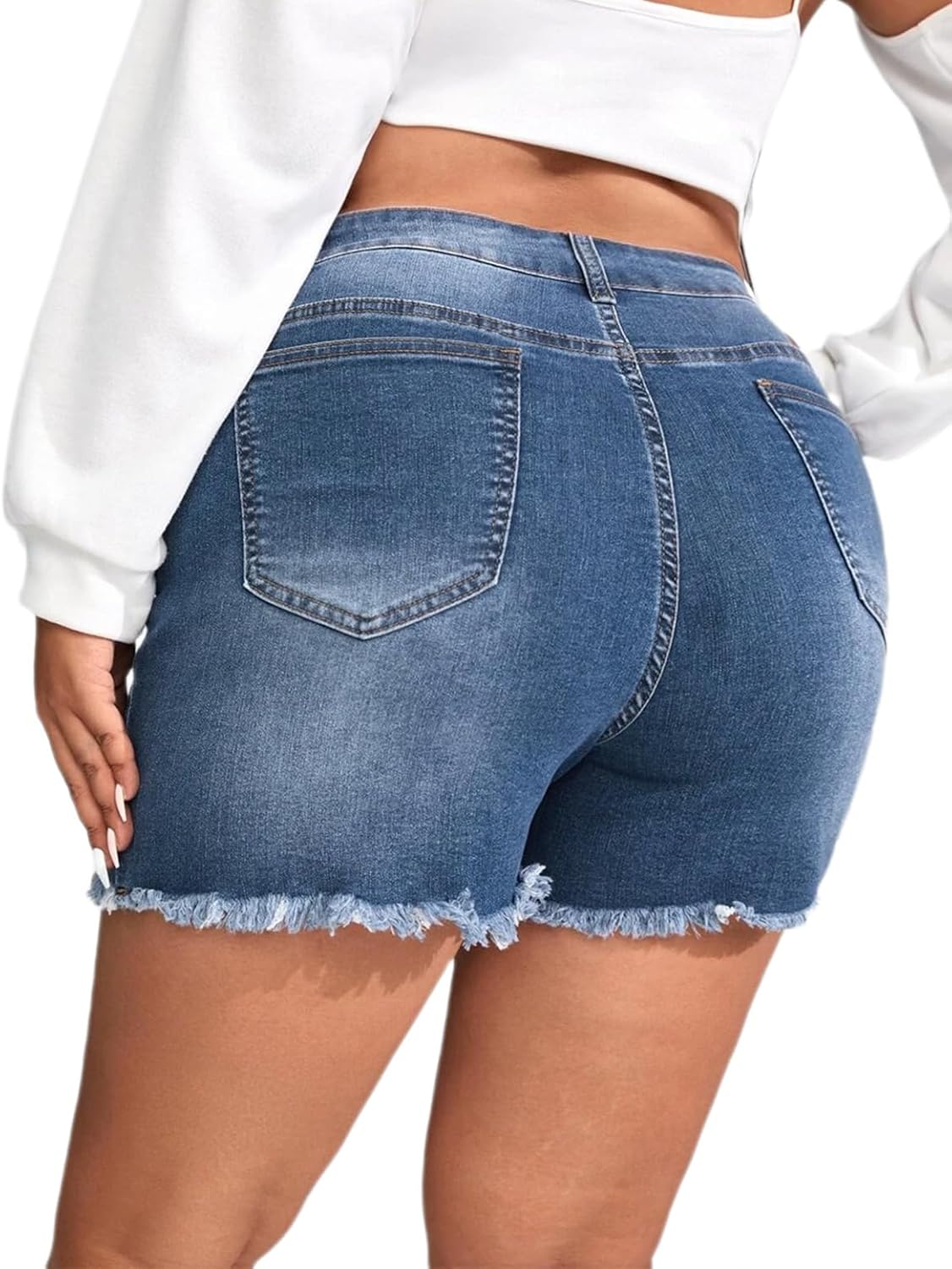 Plus Size Denim Shorts Women High Waisted Ripped Folded Hem Jean Shorts - Image 2