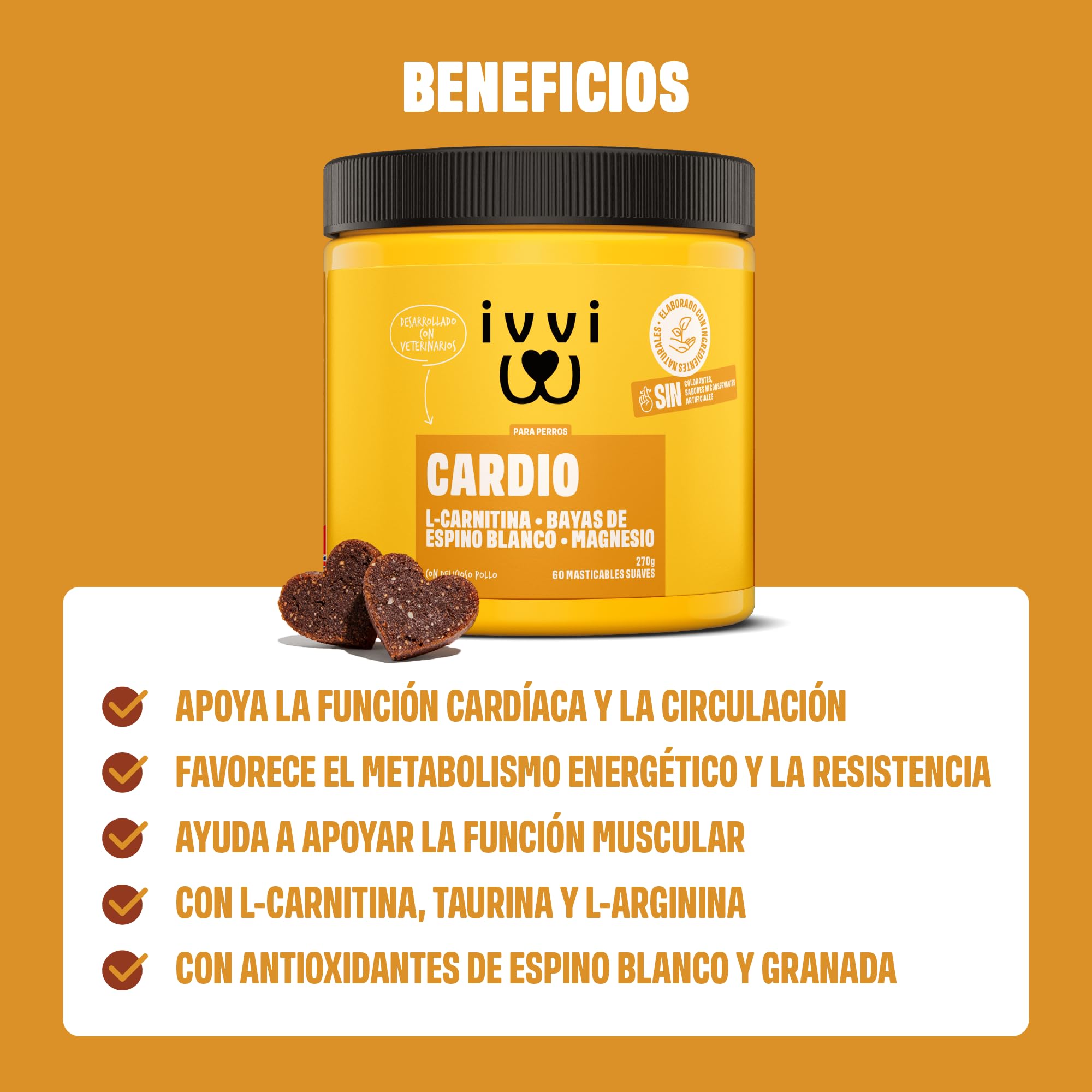 ivvi Cardio para Perros – 60 Snacks Blandos con L-carnitina, taurina, L-arginina, magnesio, Aceite de salmón, Bayas de espino Blanco y Granada – función cardíaca, energía y vitalidad – con Pollo