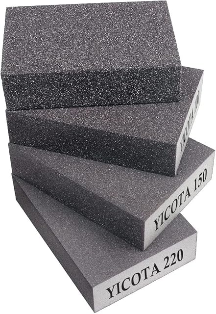Sanding Block 4 Pieces Sanding Sponges with 4 Grits (60,100,150,220) Coarse/Medium/Fine/Superfine Wet and Dry Dual-use Abrasive Pads Washable and Reusable Sandpaper for Wood Walls Metal