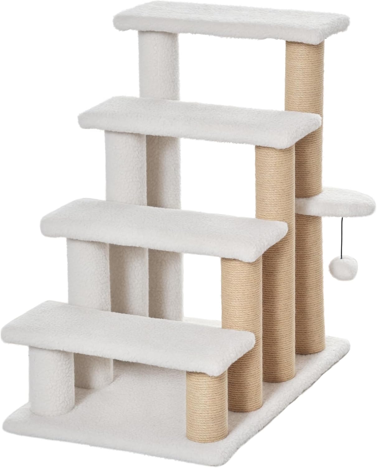 PawHut 4 Levels Cat Steps, Pet Stairs Carpeted Ladder, Kitten Tree Climber with Scratching Posts, Hanging Play Ball, Side Step, for High Bed, Sofa, White