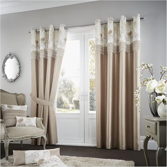 GC GAVENO CAVAILIA Floral Eyelet Curtains For Living Room, Fully Lined Ring Top Window Curtains For Bedroom, 90X90 Inch , Latte